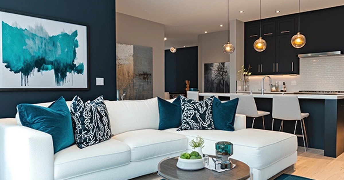 A modern living room with a white sectional and teal accents
