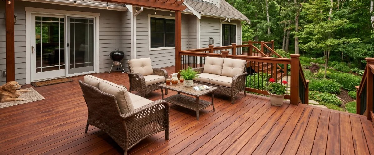 A backyard deck with a warm chestnut stain and patio furniture